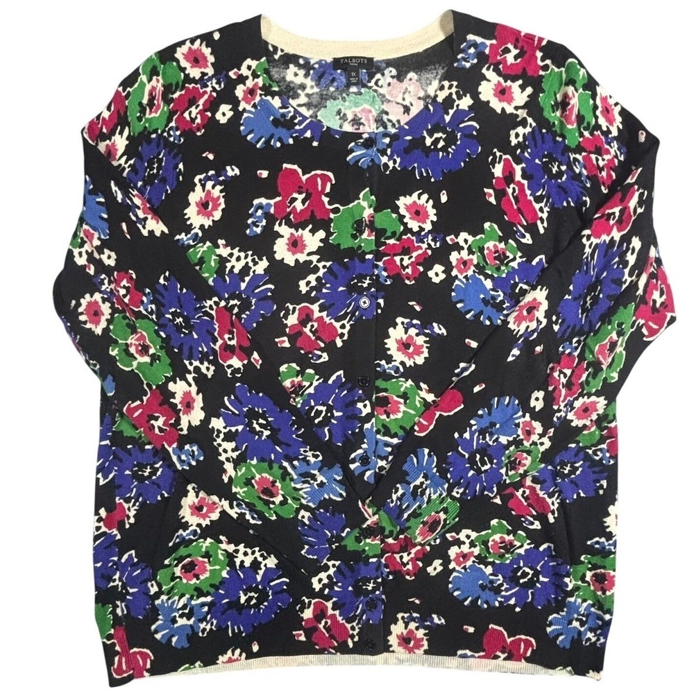 Talbots Woman 1X Cardigan Sweater Floral Abstract Black Blue Pink Cotton Rayon‎